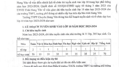 Kế hoạch Tuyển sinh và  tổ chức dạy học lớp 10 trường THPT Chuyên Hưng Yên năm học 2023 - 2024
